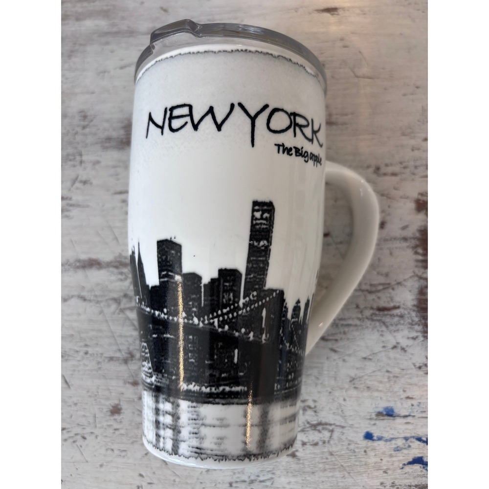 JAY JOSHUA travel mug white black NYC skyline tall porcelain tumbler with lid